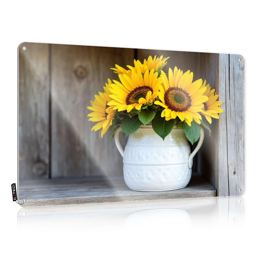 Fzfn Colour Love Walls Matal Sign - Sunflowers In A White Vase On Wooden Shelf Sweet Rustic Wall Hanging(30X40cm)