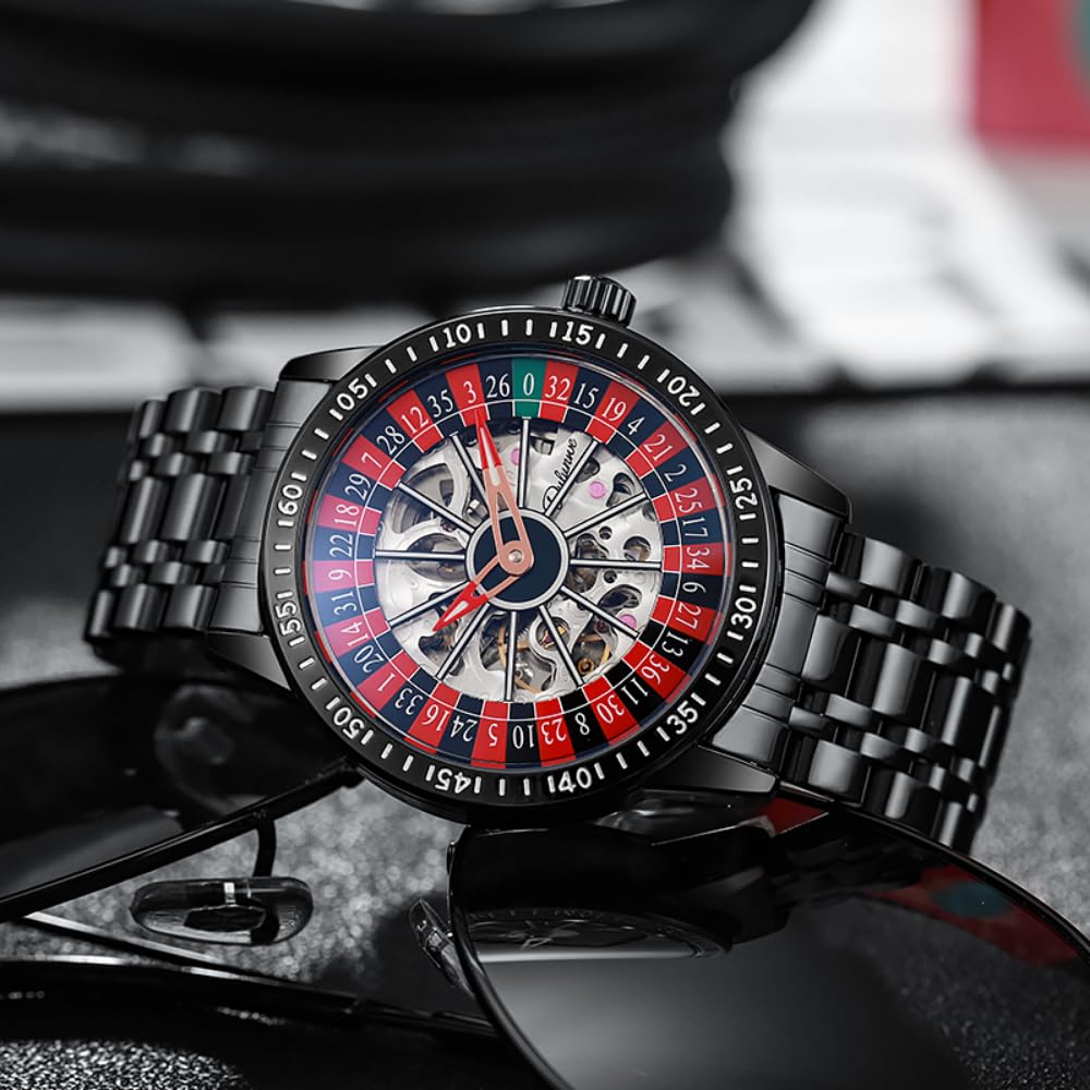 Drehbares Zifferblatt mechanische Uhren für Herren Luxus hohl Skelett Trendy Automatikuhr Wasserdicht Leuchtende Persönlichkeit Armbanduhr