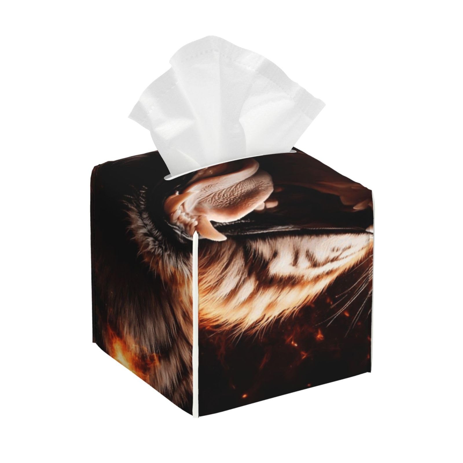 Wild Fire Flame Tiger Print Leather Tissue Box Cover Holder Square Facial Paper Organizer 5.2" X 5.2" X 5.2"