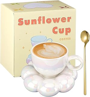 Ceramic Coffee Mug, Cute Mug with Sunflower Coaster, Cloud Coffee Cup with Spoon, Kawaii Tea Mug and Saucer Set 6.5oz/190ml for Women Friends Mother\'s Day Valentines Birthday Christmas Gifts