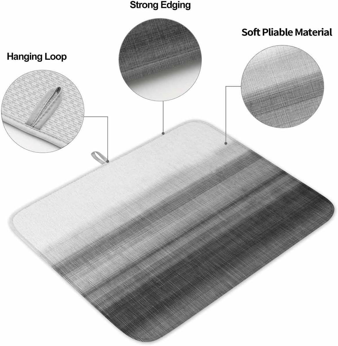 Abstract Black White Grey Line Dish Drying Mats for Kitchen Counter,Absorbent Microfiber Dish Drainer Rack Mat Modern Watercolor Gradient Art Drying Pad for Sinks,Utensils,Countertops,18x24in