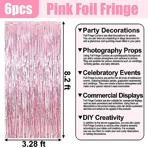 Image of 6 Pack Pink Foil Fringe Curtain Backdrop, 3.28Ft x 8.2Ft Metallic Tinsel Foil Fringe Streamer Curtains for Photo Booth, Christmas Day, Thanksgiving, Wedding, New Year Party Decorations