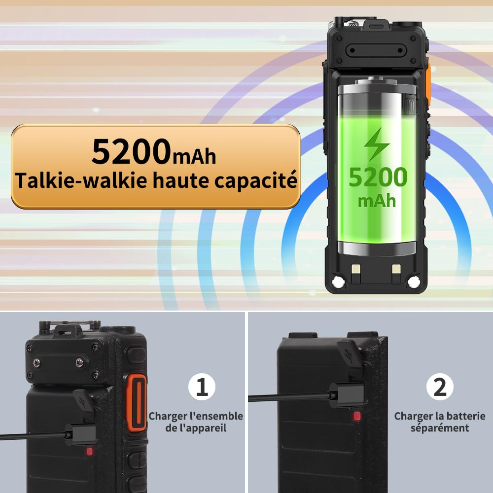 BAOFENG Talkie Walkie Double Bande UHF/VHF Radio Amateur Longue portée jusqu'à 9W avec Batterie 5200mAh 999 canaux CTCSS/DCS Radio FM VOX DTMF Talkie-walkie pour Adultes - UV25M