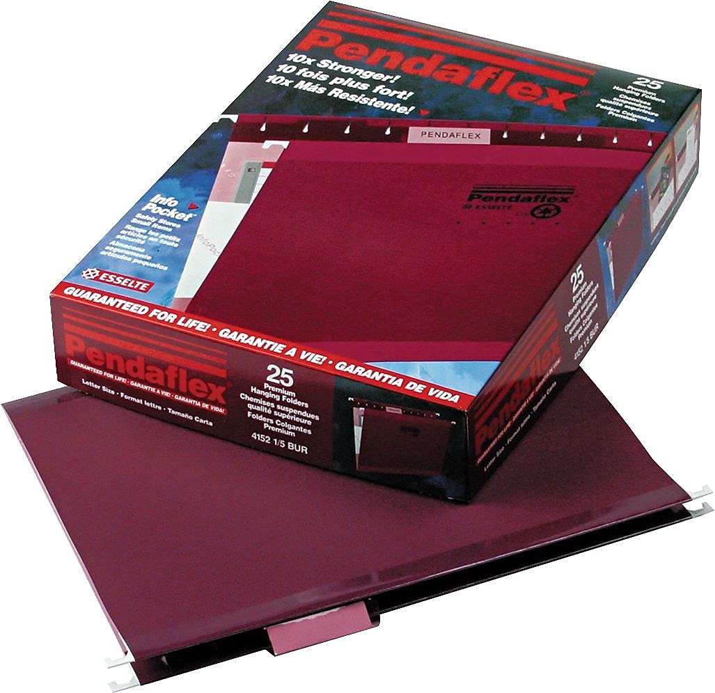 Pendaflex Carpetas colgantes reforzadas, tamaño carta, borgoña, corte 1/5, 25/BX (4152 1/5 BUR)