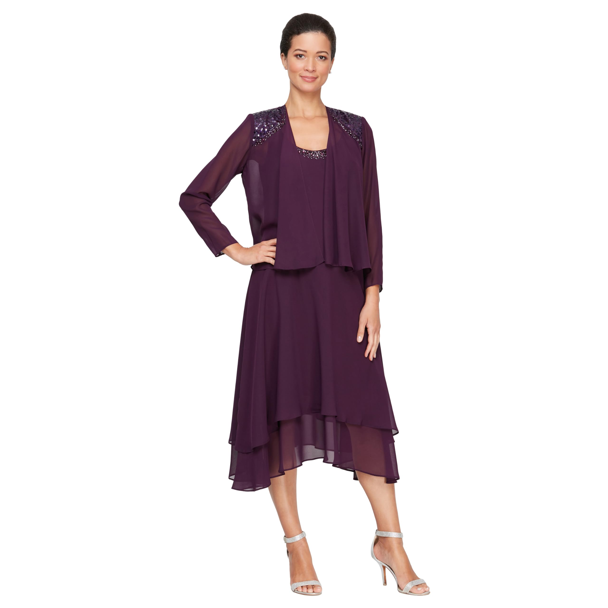 Photo 1 of S.L. Fashions Women's Petite Mother of The Bride Dress with Embellished Neckline & Shoulder, Wedding Guest, Deep Plum, 6