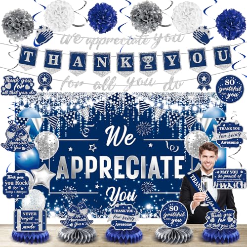 Image of We Appreciate You Banner Decorations Blue Silver Thank You for All You Do Banner Honeycomb Centerpiece Hanging Swirl Employee Staff Appreciation Gifts Teacher Appreciation Christmas Party Decor