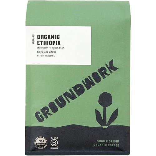 GROUNDWORK Ethiopia Heirloom Blend - Whole Bean Coffee Light Roast - Certified Organic Single Origin Coffee - 12oz (Pack of 1)