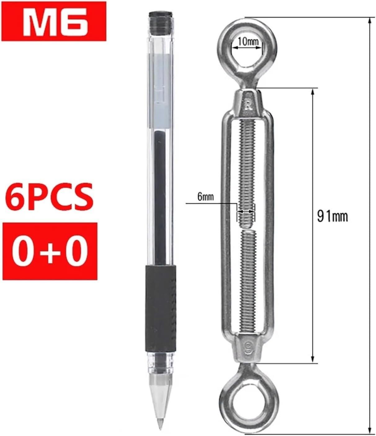 Eye & Eye Turnbuckle, Tendeur de câble métallique M6 en acier inoxydable 304, paquet 6, 15-21.4cm(M6 00)