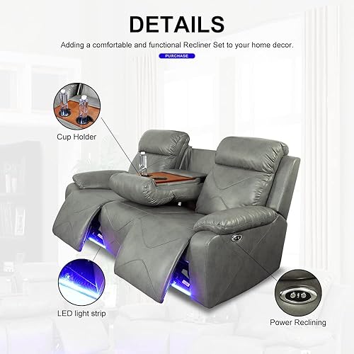 Miniatura 4 de GEBADOL Juego de sofá reclinable eléctrico con luces LED juego de muebles de piel de aire con puerto USB consola de almacenamiento portavasos de