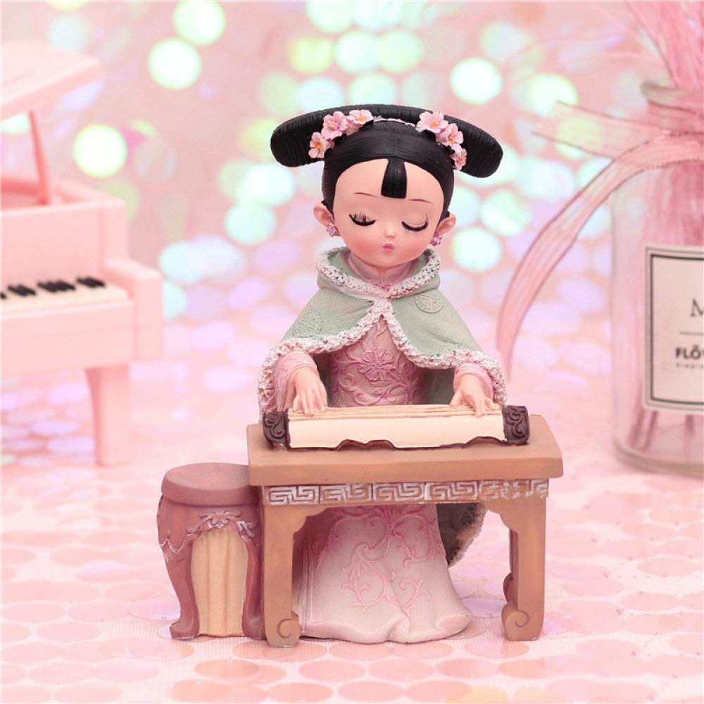 Petite statue de fille au guzheng en résine pour décoration de bureau