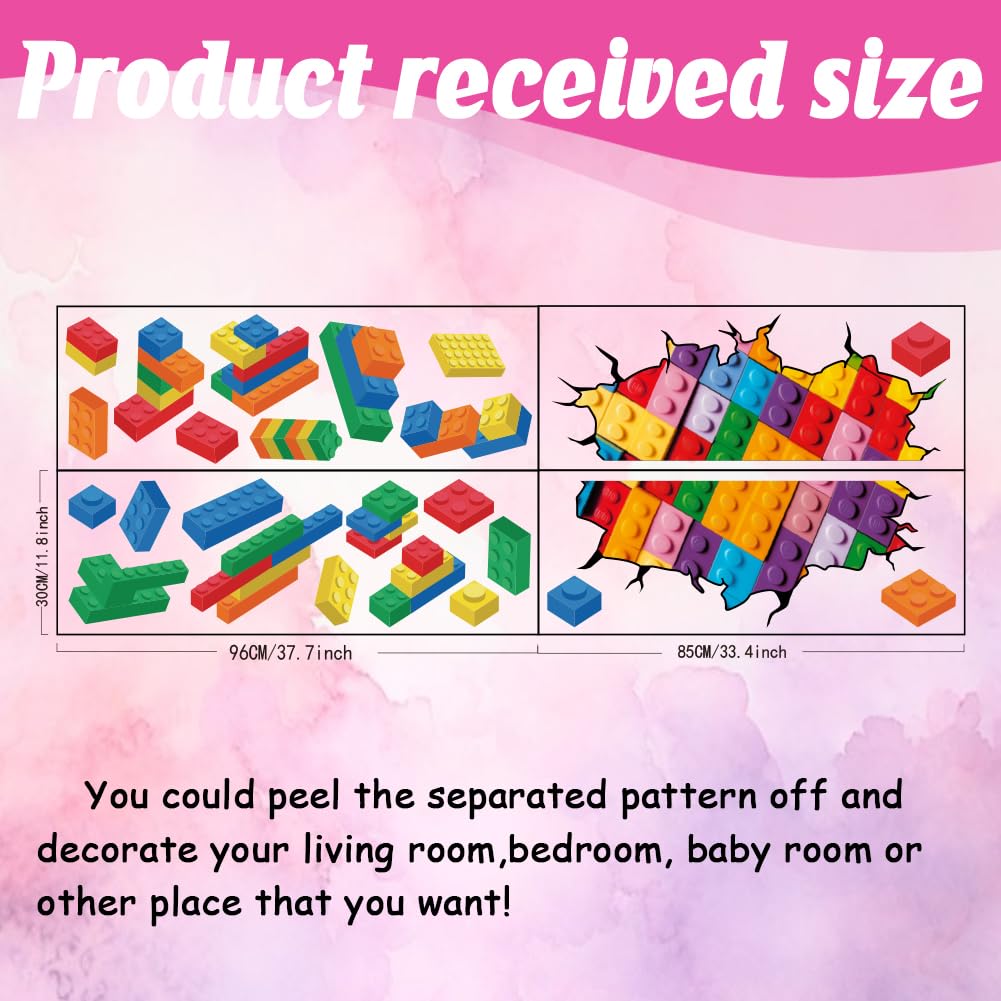 SUPERDANT Building Blocks Wall Stickers Colorful Blocks Wall Decals Vinyl Art Decor DIY Break Through the Wall Mural for Nursery Children's Room School Bedroom Playroom Classroom - Image 2