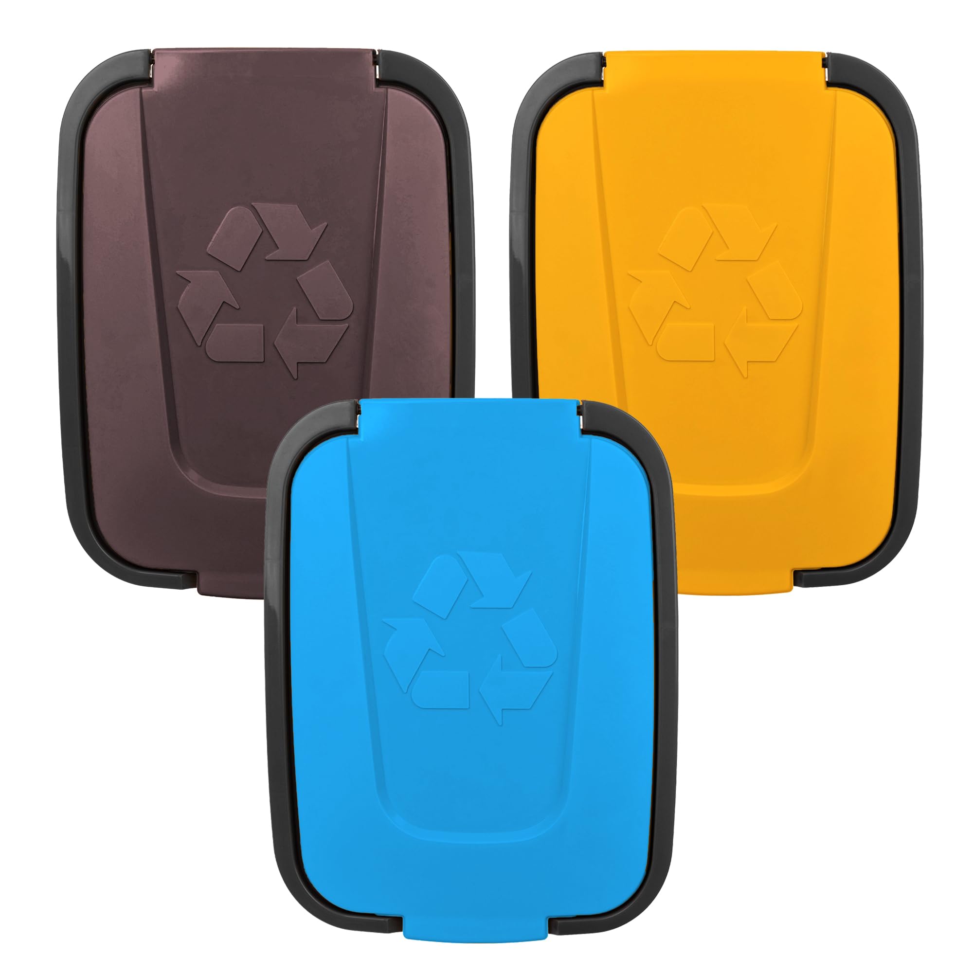 KADAX Juego de cubos de basura de 3 x 30 l, juego de cubos de basura para sistema de reciclaje, cubo de basura de plástico con tapa abatible (3, marrón, amarillo y azul)