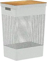 Ou Cesto de Roupas com Tampa de Bambu 49L Branco Oceano Linha Grid
