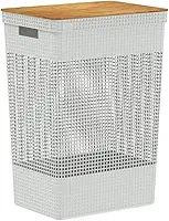 Ou Cesto de Roupas com Tampa de Bambu 49L Branco Oceano Linha Grid