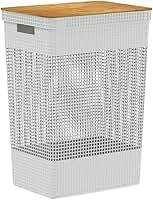 Ou Cesto de Roupas com Tampa de Bambu 49L Branco Oceano Linha Grid