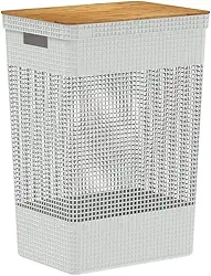Ou Cesto de Roupas com Tampa de Bambu 49L Branco Oceano Linha Grid