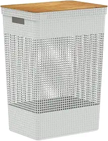 Ou Cesto de Roupas com Tampa de Bambu 49L Branco Oceano Linha Grid