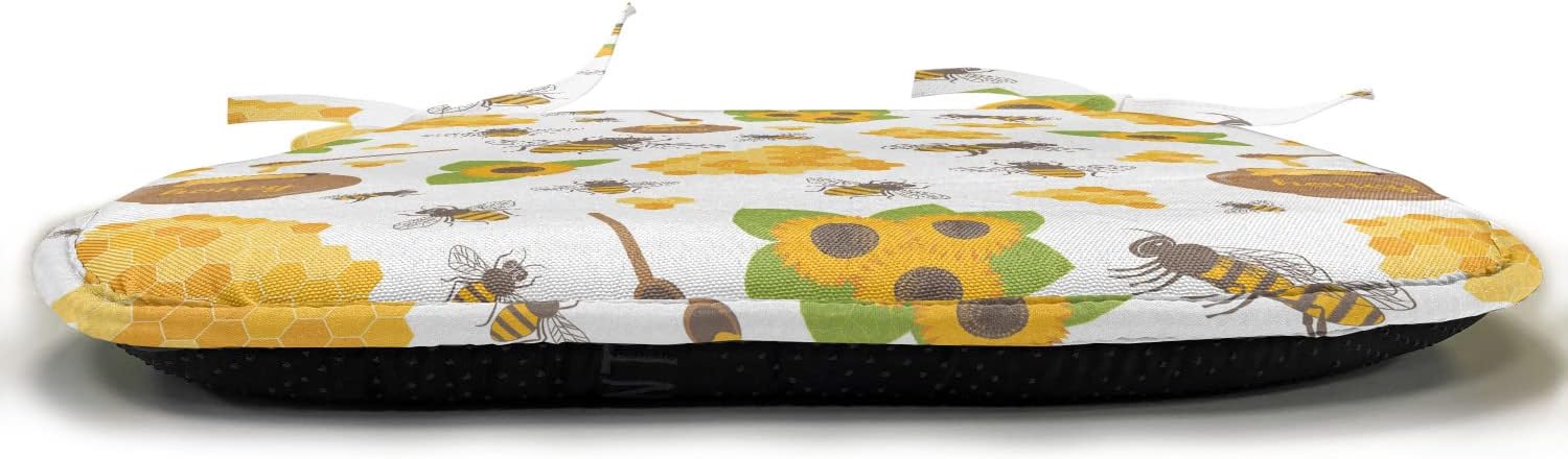 Lunarable Honey Bee Chair Seating Cushion Set of 2, Repeating Pattern with Sunflowers Combs and Insects, Anti-Slip Seat Padding for Kitchen & Patio, 16"x16", Brown Mustard
