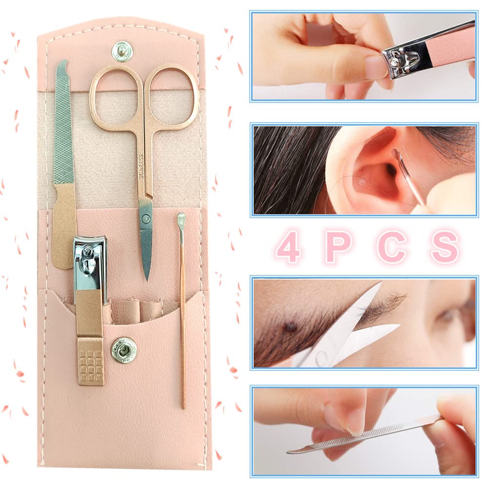 Manicure Set, Professional Women Nail Clippers Kit 4PCS， Stainless Steel Nail Cutter Care Tools Professional Grooming Kits, PU Leather Travel Case （rose gold）