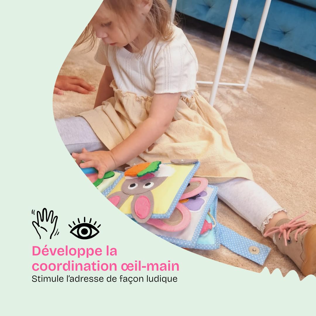 Jolly Design Mini Quiet Book Petite Abeille – Jouet Montessori dès 6 Mois – Livre sensoriel & Livre Tissu pour bébé – Busy Book Fait Main avec 6 Pages d’activités – Jouet éducatif & de Voyage
