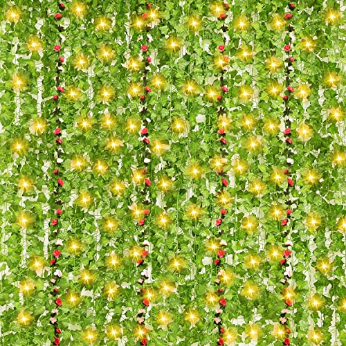 N&T Nieting Ivy Garland With 300 Led Lights, 24 Pack 165 Feet Fake Vines With Fake Leaves For Bedroom Artificial Ivy Garland Home Kitchen Wedding Wall Party Aesthetic Decor (4 Pink Flower Garland) #TOP23