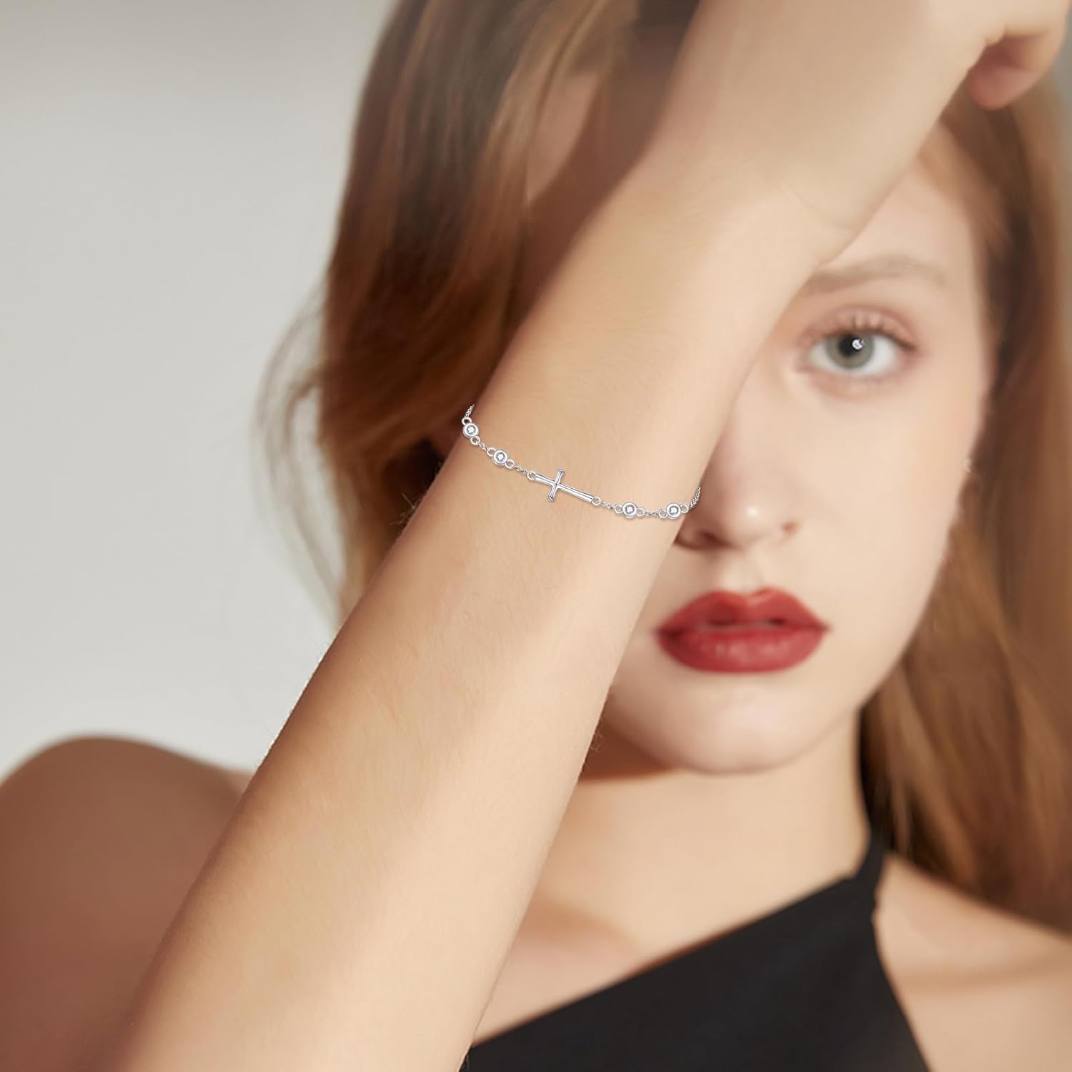 LUHE Cross Bracelet for Women Girls Sterling Silver Christian Sideways Cross Bracelets Danity Religious Link Chain Jewelry Gifts