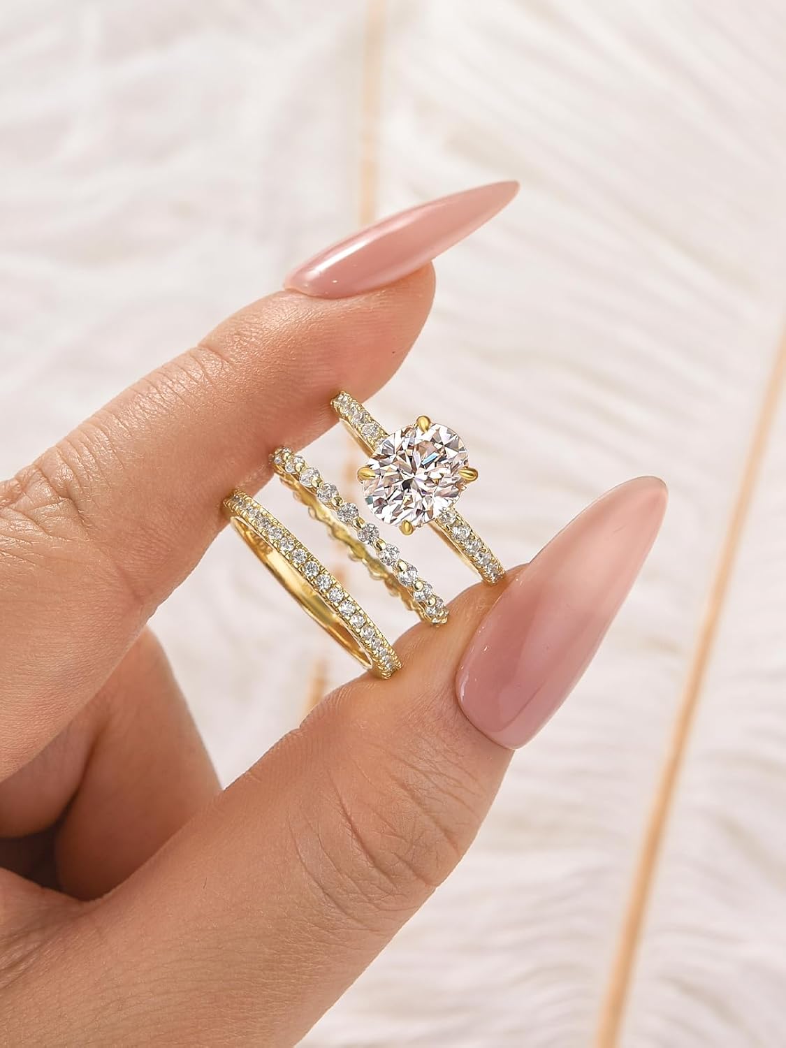 Maxinejewelry 2.0 Carat Oval Wedding Ring Set for Women, 3 Piece 14K Gold Plated Engagement Ring Set, with Two Matching Wedding Bands, S925 Sterling Silver Bridal Jewelry