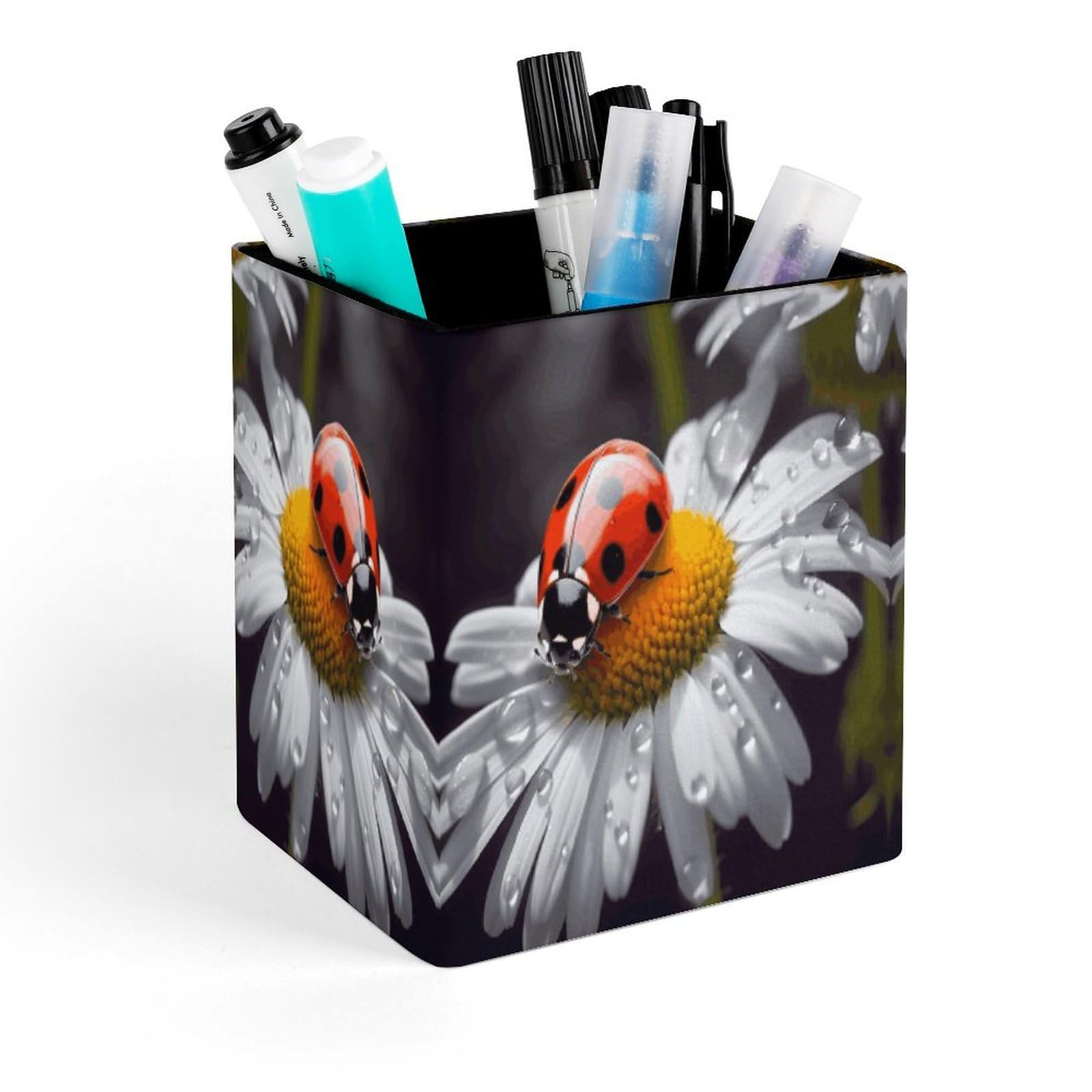 VstaDank Ladybug on Daisy Flower Pen Holder Square Pencil Holder Leather Pencil Cup Pen Organizer Makeup Brush Holders Pen Cups Desktop Stationery Organizer for Home Office Desk Organizers