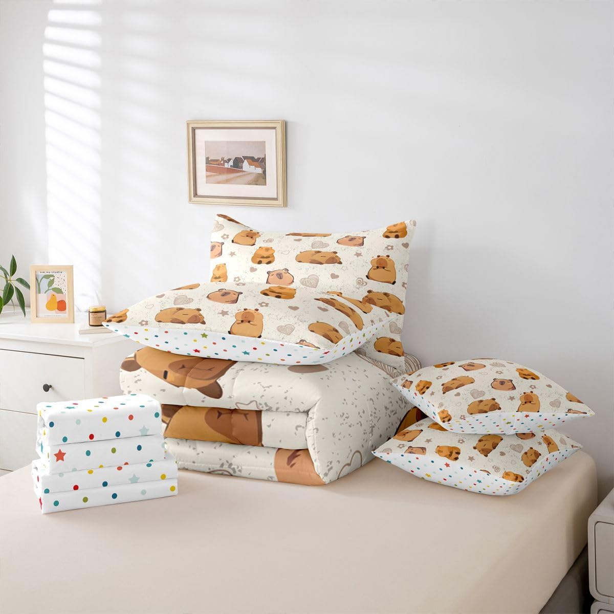 Erosebridal Kawaii Capybaras Queen Comforter Set with Sheets 7 piece Capybara Lover Bed In A Bag Cute Rodents Animals Print Bedding Sets For Kids Adults,Beige Khaki Capybara Love Heart Pattern Bed Set