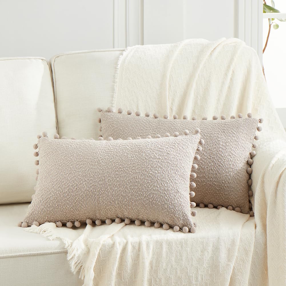 Fancy HomiSet of 2 Taupe Grey Boucle Lumbar Decorative Throw Pillow Covers 12x20 Inch with Pom Poms for Couch Sofa Bedroom, Modern Boho Home Decor, Soft Gray Cute Pillow Case 30x50 cm