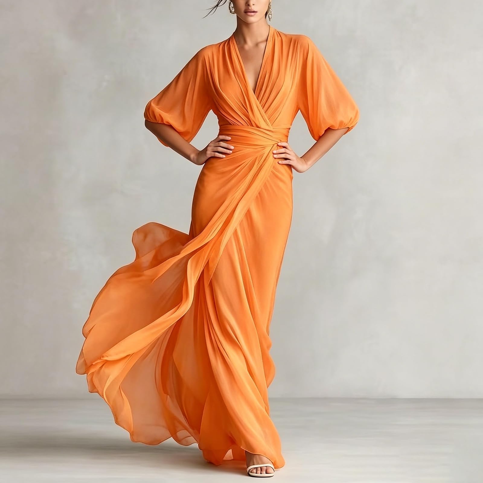 Vestido De Mujer Y Tul con Diseño Cruzado Escote En V Manga Abullonada