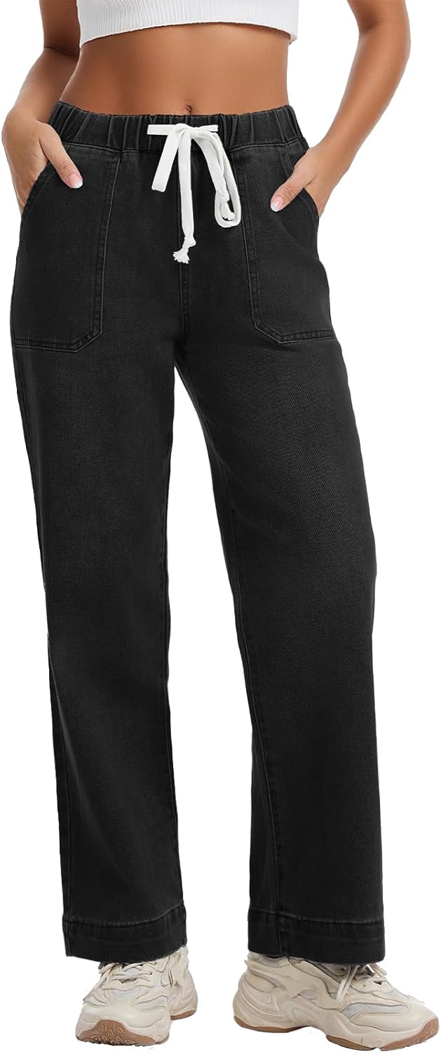Metietila Pull-on Jeans for Women Straight Leg Elastic Waist Jeans Stretchy Loose High Waisted Denim Pants with Drawstring
