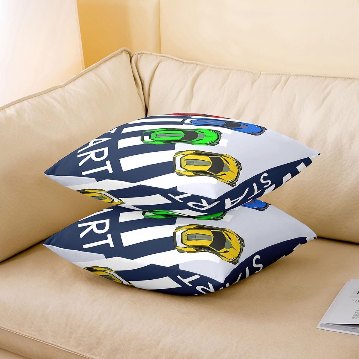 jejeloiu Boys Cartoon Race Car Cushion Case Colorful Car Throw Pillow Covers for Kids Toy Car Decor Pillowcase Cute Car Indoor Outdoor 18"x18" Set of 2 image 3