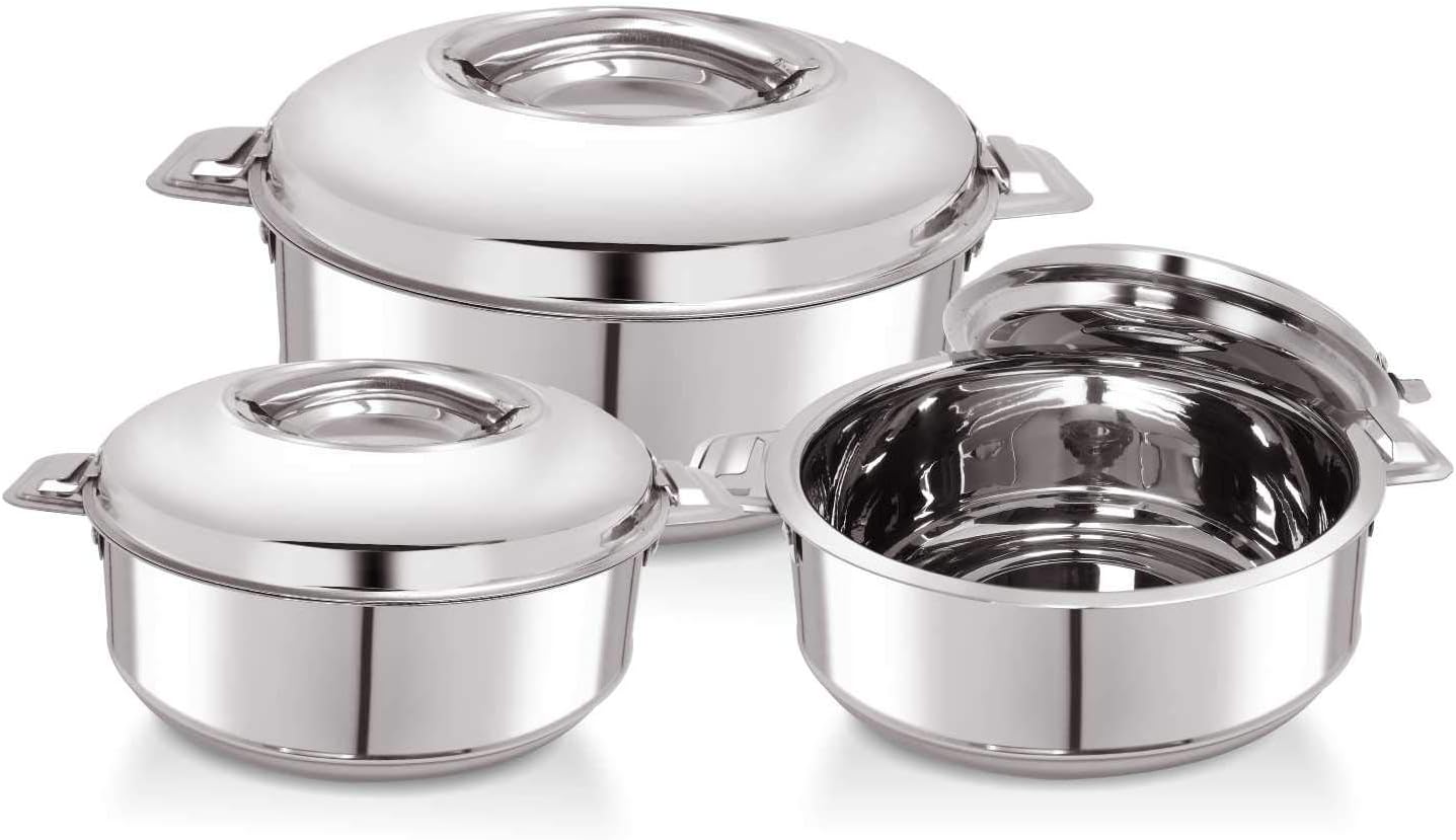 WARMEO Steam Insulated Stainless Steel Casseroles| Easy to Carry Hot Boxes for Kitchen | Hot Food, Easy to Store| Silver| Set of 3 (1000,1500, 2500ml)
