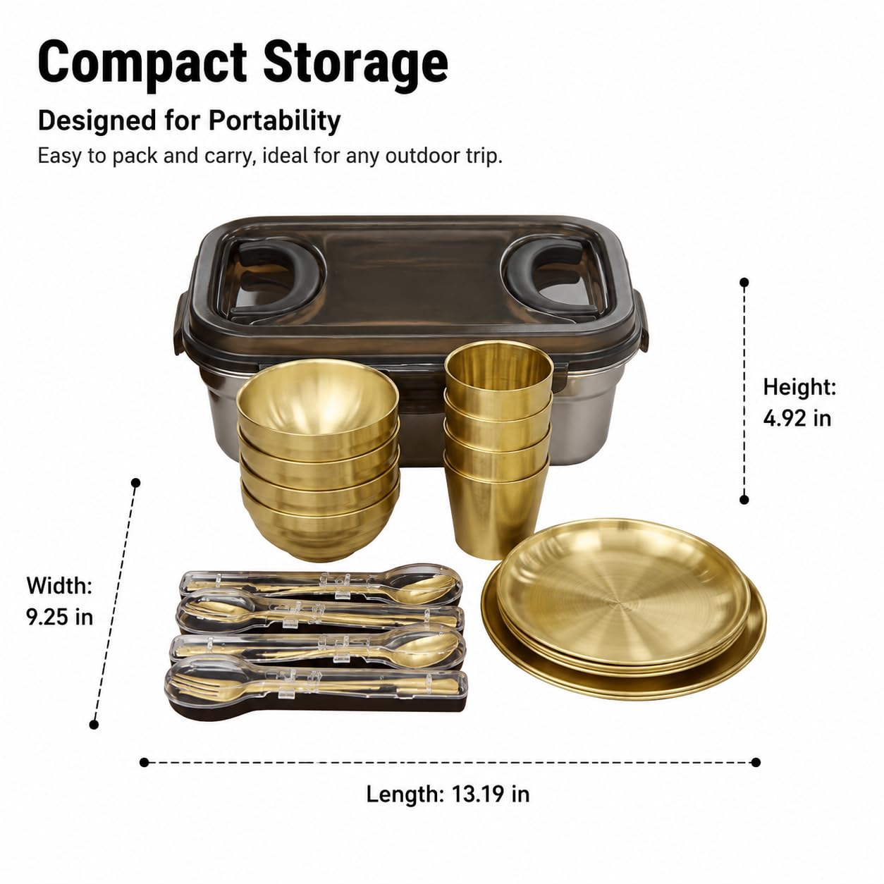 Gold Göffel Edelstahl, Reise Göffel für Camping, Kompakt Camping Set, Outdoor mit Tasche, 4-Personen-Set, Gold