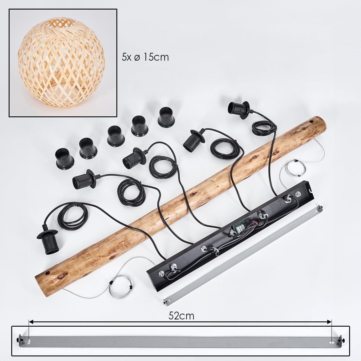 HOFSTEIN Pendelleuchte Basto, 5-flammige Hängelampe aus Metall/Holz/Bambus in Schwarz/Natur, Boho Hängeleuchte mit Bambusschirmen u. Holzbalken, max. 150cm, E27, Esszimmer, Wohnzimmer, Küche