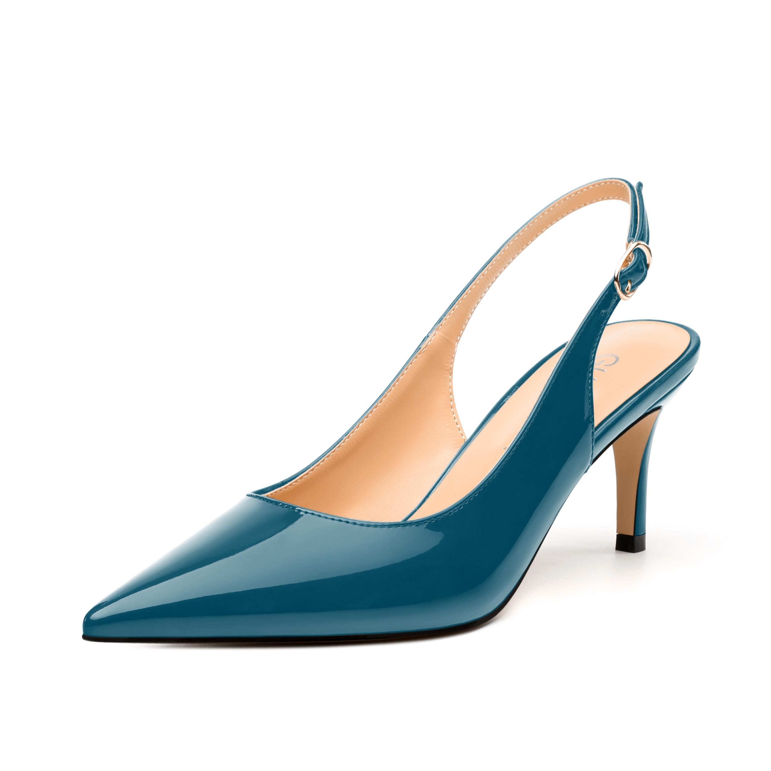 GUAVAIVY Women's Slingback Pumps, Pointed Toe Buckle Mid Stiletto Heel, Fashion Solid Patent High Heel Shoes for Women