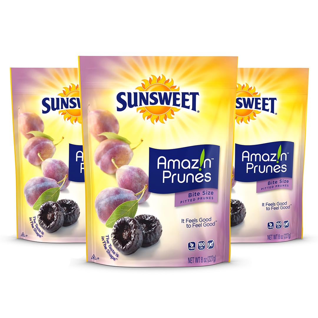 Sunsweet Amazin' Prunes - Bite Size Prunes Pitted Unsweetened & Dried - Gluten Free, Vegan, Low Fat - Dietary Fiber & Natural Minerals - Dried Fruit - 8 oz pouch - 3 Pack