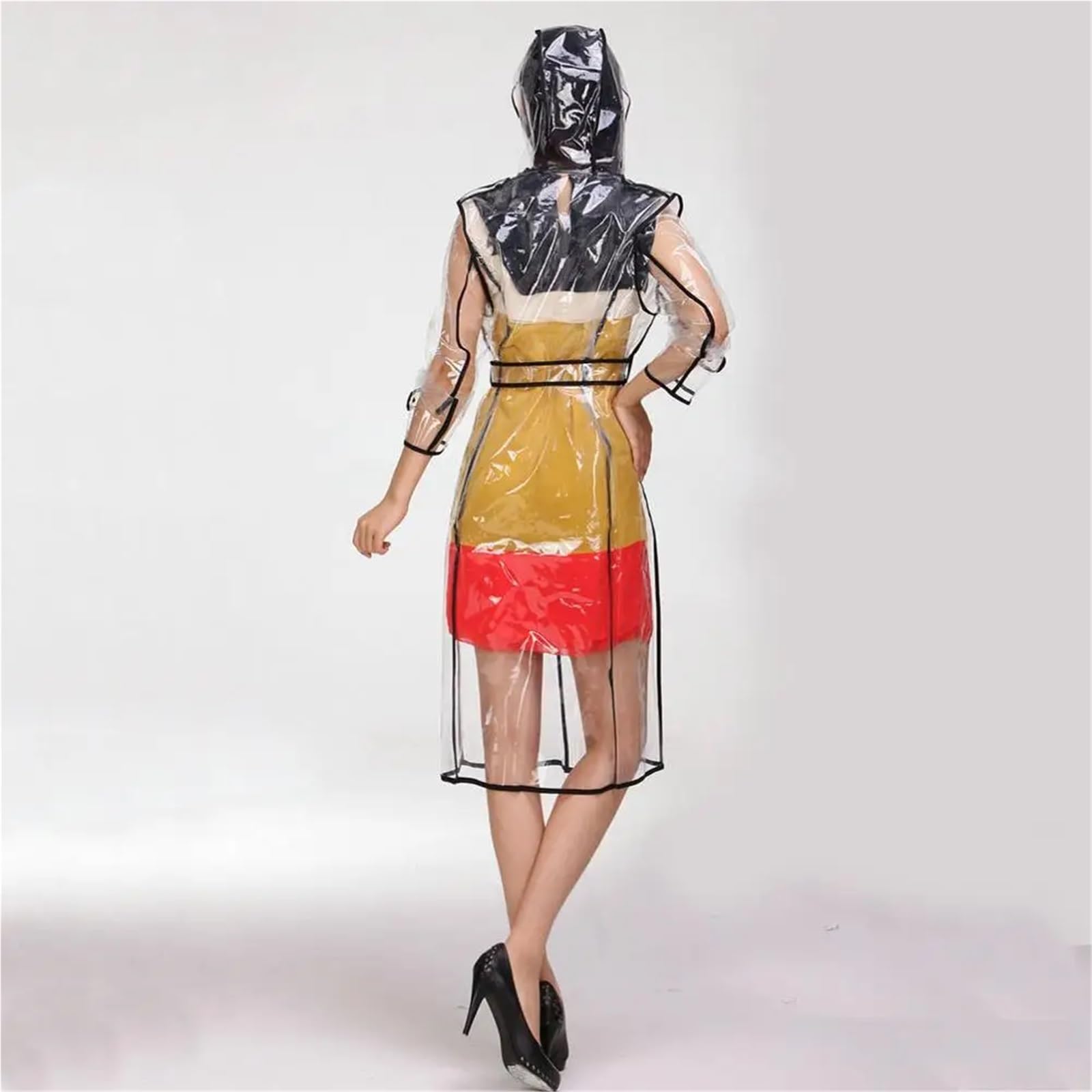 Poncho Antipioggia Impermeabile con cappuccio e cintura, impermeabile, in plastica trasparente, lungo, da donna, da uomo