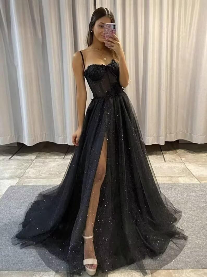 Women's Glitter Tulle Prom Dresses Long 2025 Spaghetti Straps Sweetheart Formal Evening Party Gowns with Slit