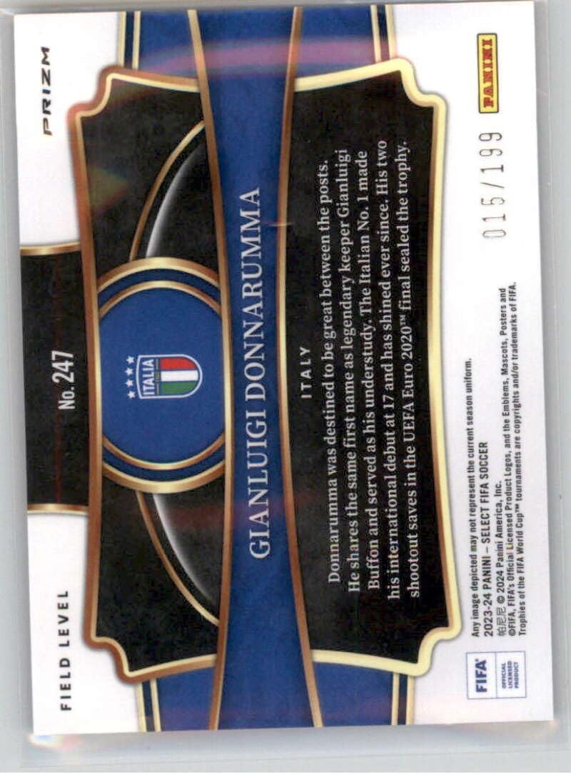 2023-24 Panini Select FIFA Pink Mojo PRIZMS #247 Gianluigi Donnarumma SER/199 Italy Field Level Official Soccer Card in Raw (NM or Better) Condition