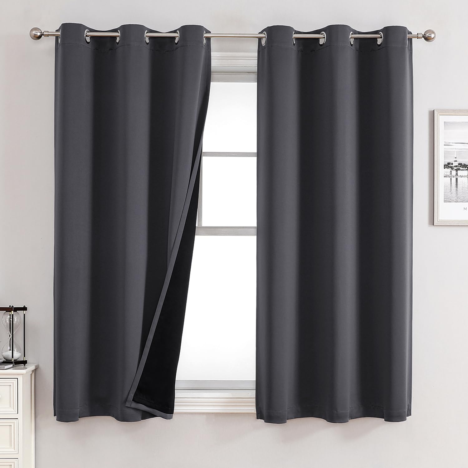 ChrisDowa 100% Blackout Curtains for Bedroom with Black Liner, 2 Thick Layers Total Blackout Thermal Insulated Grommet Small Window Curtains 45 Inch
