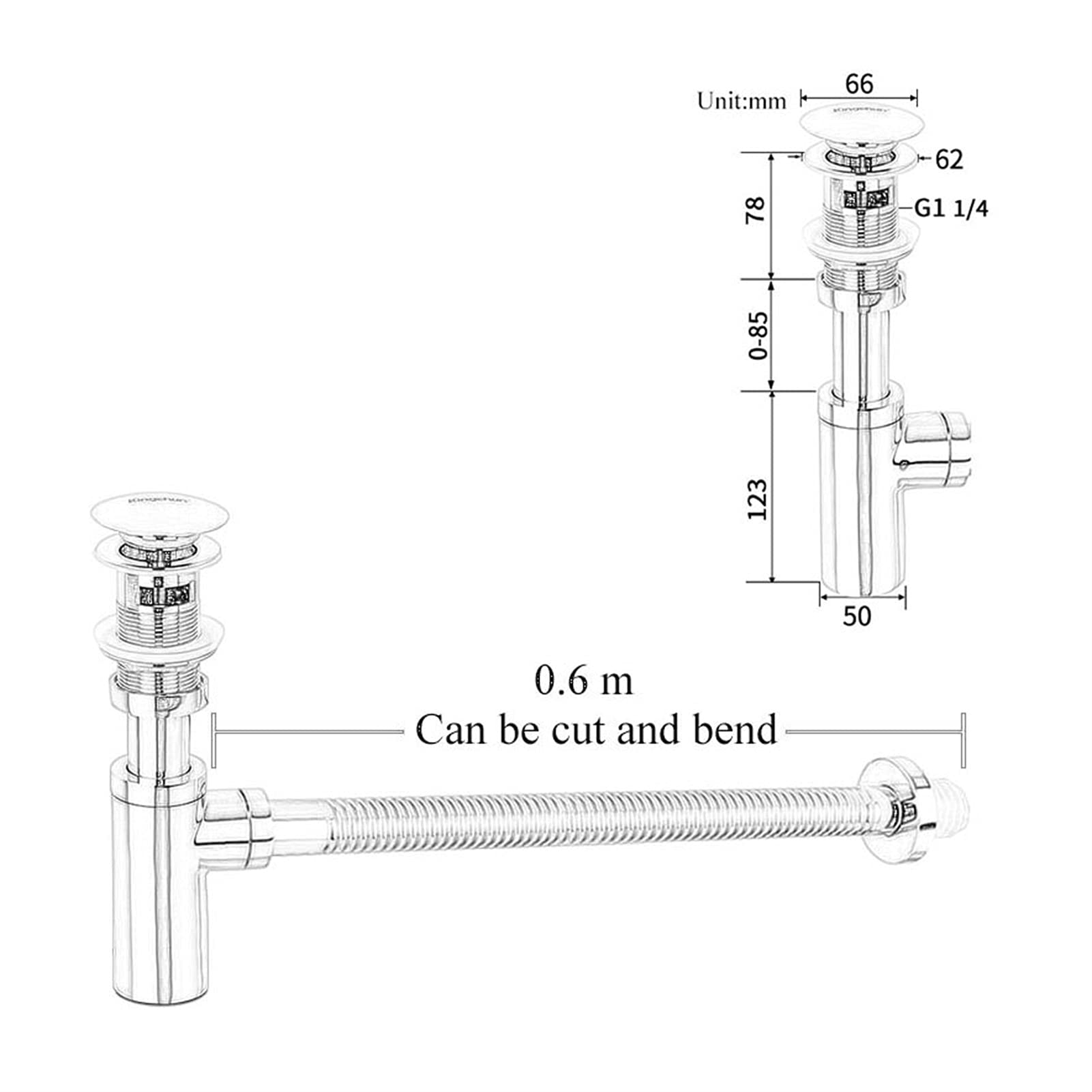 Trampa De Botella, Flexible Tubo De Desagüe Lavabo Sin Rebosadero Wall Fila/Tierra Fila De Drenaje Ajustable Anti-Bloqueo, Antiolor, Anti-Insectos, Anti-remanso Cobre (tamaño : 0.6m)