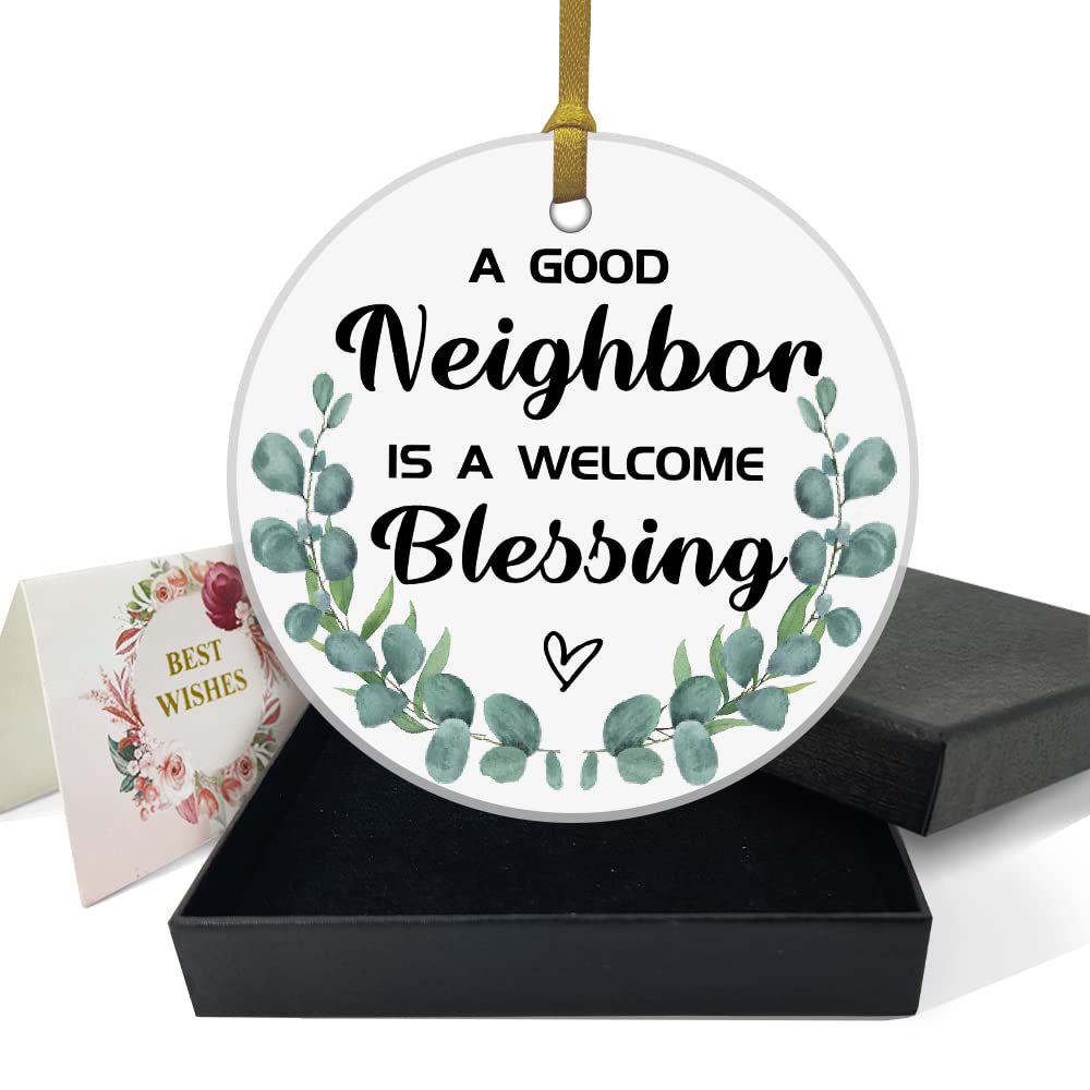 REWIDPARTY Funny Neighbor Gifts, A Good Neighbor is A Welcome Blessing Ceramic Plaque Keepsake, Christmas Birthday Ornament for Women Men Friend, 3" Round Ceramic Ornament with Gold Ribbon & Gift Box