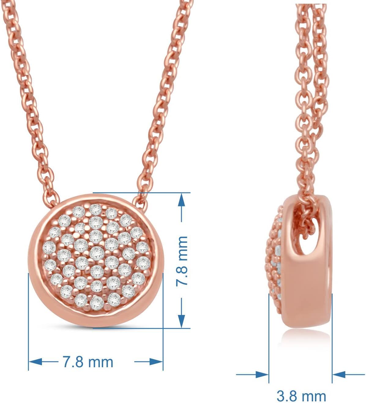 Jewelili Round Diamond Necklace Pendant 1/10 CTTW in 14K Rose Gold Over Sterling Silver with 18 inch Rolo Chain