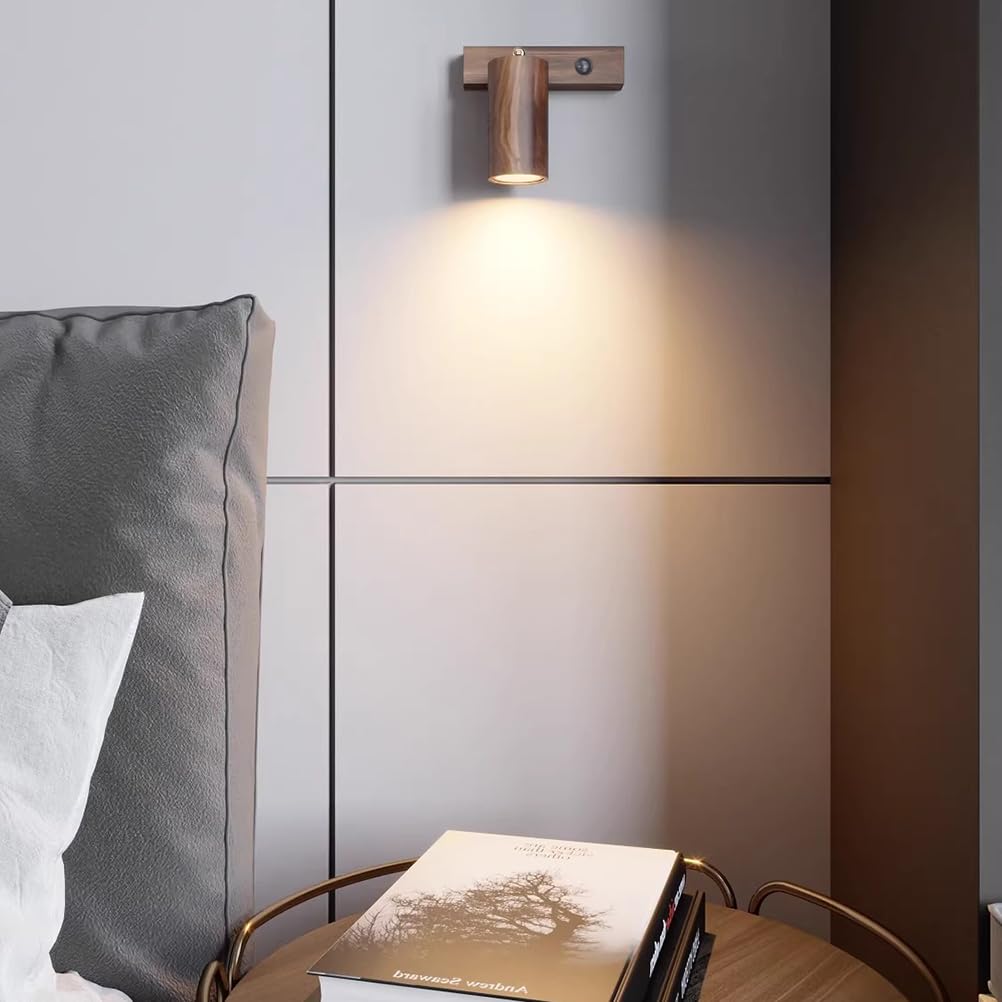 Drewniany reflektor ścienny LED z przełącznikiem 5W Obrotowa lampa ścienna wewnętrzna lampka nocna 3 kolory światła lampa ścienna regulowana drewniana lampa ścienna retro do sypialni salon korytarz