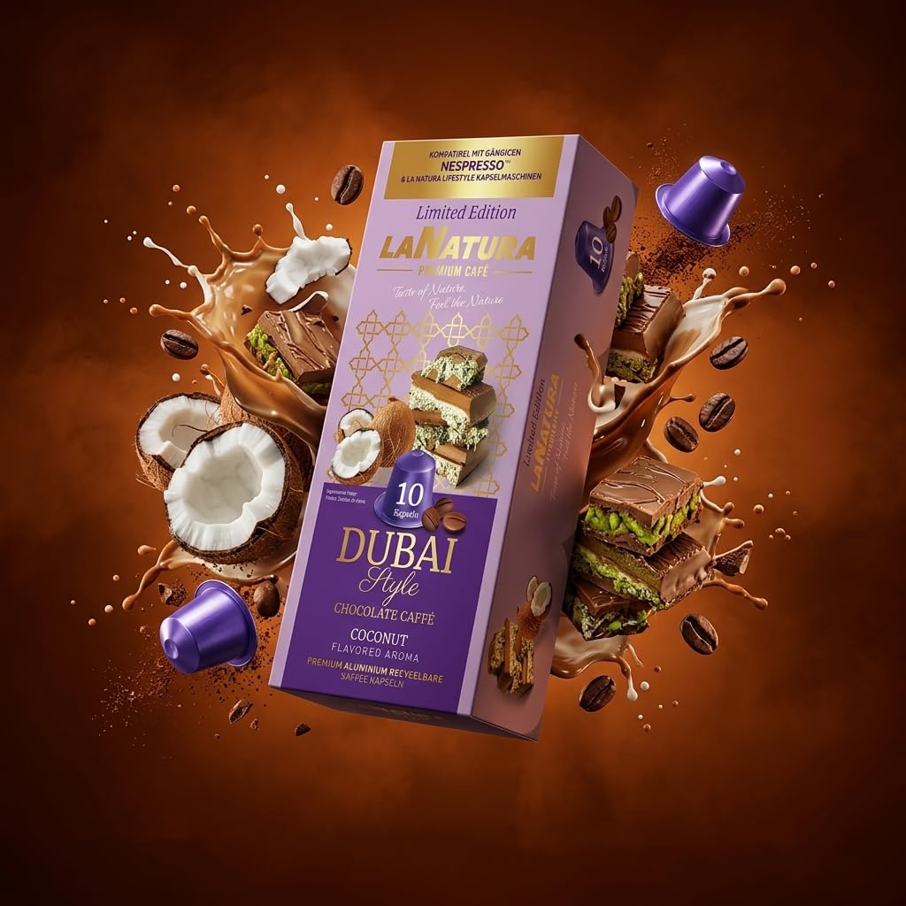 La Natura Lifestyle DUBAI Coffee Aroma Royal Mix – 80 Premium Aluminium Kaffeekapseln | 7 Sorten | Exklusive Aromavielfalt für Besondere Genussmomente | Kompatibel mit Nespresso®*-Maschinen