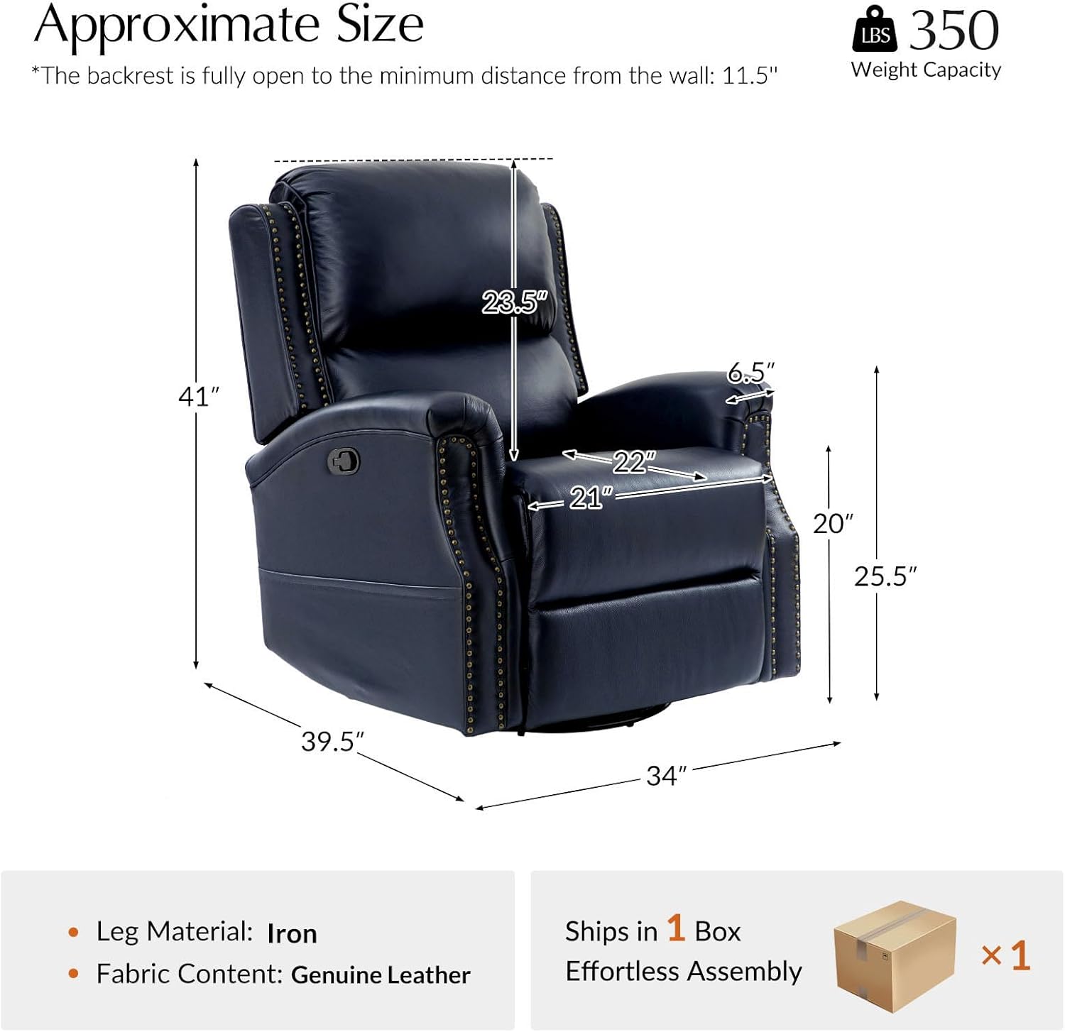 HULALA HOME Genuine Leather Recliner Chair, Swivel Rocker Chair with Thick Seat, Classic Push Back Armchair with Backrest, Nailhead Trim, Navy