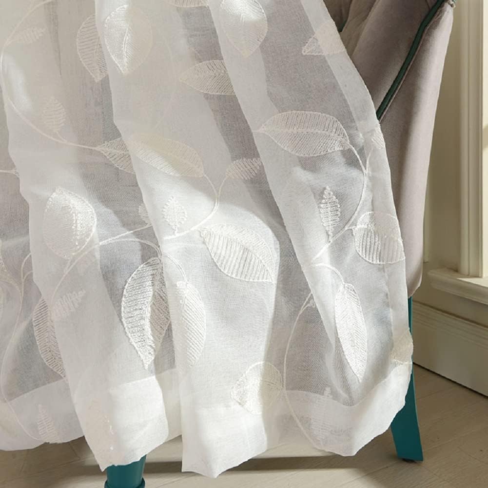 Leave Embroidered Rustic Style Transparents Panel Sheer Curtains Rod Pocket Gauze Drape for Living Kids Nursery Room Bedroom