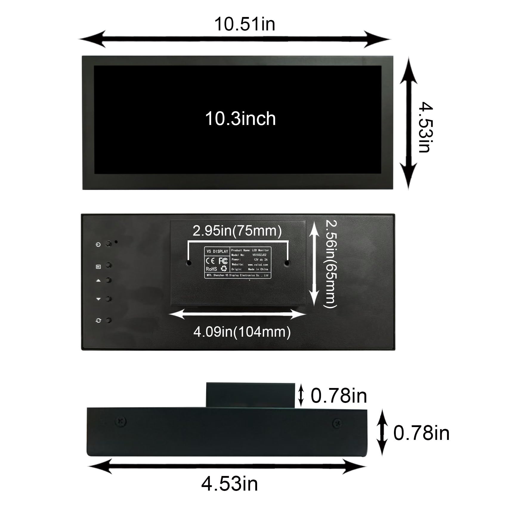 VSDISPLAY Schermo LCD Ultra-Large 10,3 Pollici 1920 x 720, 850 nits